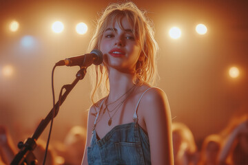 Portrait scénique d’une chanteuse sur scène au coucher du soleil ou sous les projecteurs, interprétant une chanson devant un public lors d’un concert estival en extérieur ou en intérieur