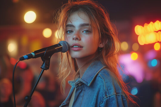 Portrait sc&eacute;nique d&rsquo;une chanteuse sur sc&egrave;ne au coucher du soleil ou sous les projecteurs, interpr&eacute;tant une chanson devant un public lors d&rsquo;un concert estival en ext&eacute;rieur ou en int&eacute;rieur