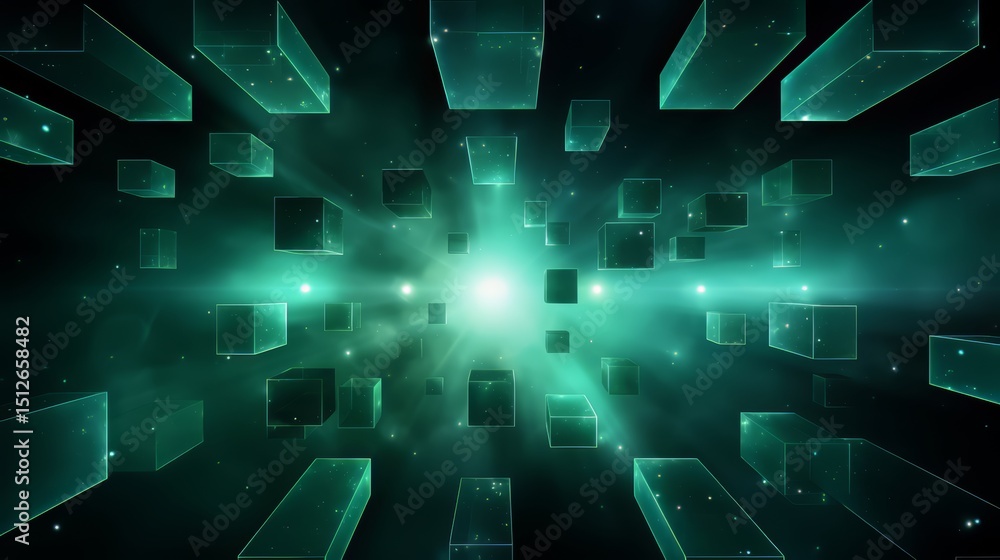 Poster Green background with many cubes in it. The cubes are all different sizes and are scattered throughout the image. Scene is one of chaos and disorganization