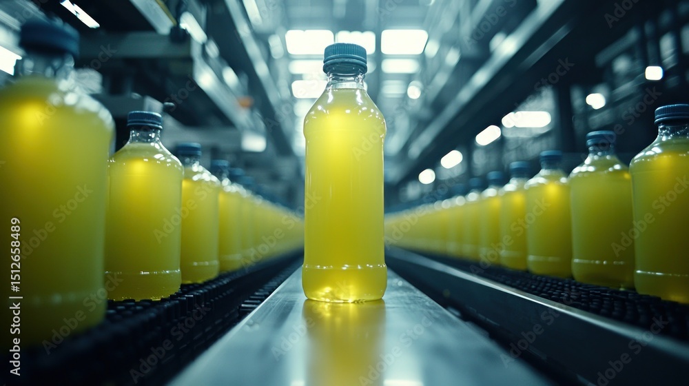 Poster filled bottles on a conveyor belt in a factory setting