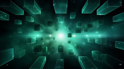 Obraz premium Green background with many cubes in it. The cubes are all different sizes and are scattered throughout the image. Scene is one of chaos and disorganization