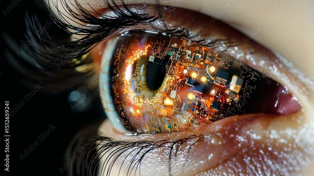 Aufkleber close-up of a futuristic eye with visible circuit board and glowing elements, showcasing advanced te