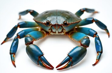 Vibrant blue crab isolated on white background. Fresh seafood delicacy ready for culinary use. Marine animal with sharp claws, symbol of summer cuisine. Ideal for restaurants menu eco-friendly