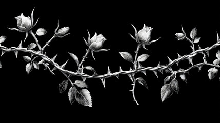 Silver metal rose vines with sharp thorns. Gothic prickly vine elements isolated
