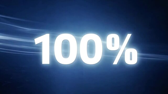 A glowing "100%" sign against a dynamic, abstract background, representing complete success or fulfillment