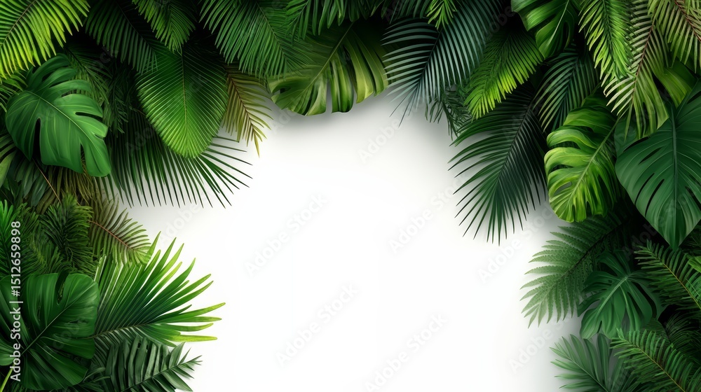 Poster green leafy border with a white background. the border is made up of many different types of leaves,