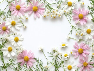Fototapeta premium Floral frame pink white daisies spring flower arrangement