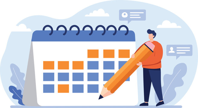 Calendar schedule, event or meeting reminder, date time planning, work deadline or appointment, due date organizer weekly review concept, businessman hold pencil thinking with calendar schedule - Powered by Adobe