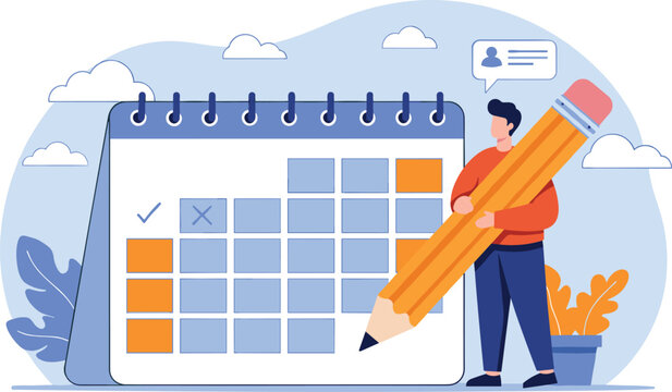 Calendar schedule, event or meeting reminder, date time planning, work deadline or appointment, due date organizer weekly review concept, businessman hold pencil thinking with calendar schedule