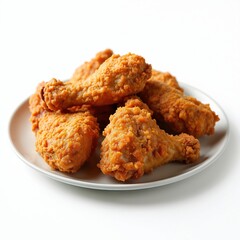 Broasted chicken meal on plate with white background. Crispy fried chicken pieces on white plate. Fast food lunch, dinner dish. Tasty snacks for restaurant menu, fast food cafe.