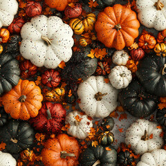 A richly textured autumn seamless pattern with pumpkins in white, orange, red and black, scattered with autumn leaves and festive glitter. For cozy seasonal packaging, backdrops and fabric designs.