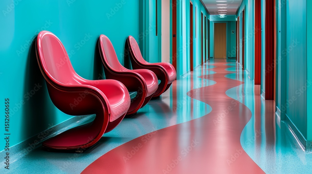 Poster hallway with three red chairs and a blue wall. the chairs are arranged in a row, and the hallway is 
