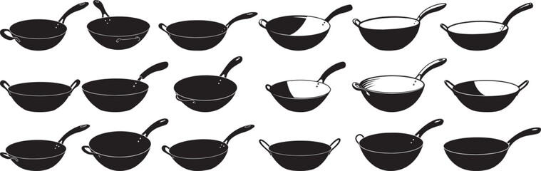 Collection of various woks for asian cooking stir fry cookware kitchen utensils isolated on white background