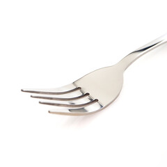 Fork isolated on white background close-up shot, Silver fork macro photography, Selective focused, Copy space 