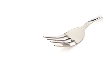Fork isolated on white background close-up shot, Silver fork macro photography, Selective focused, Copy space 