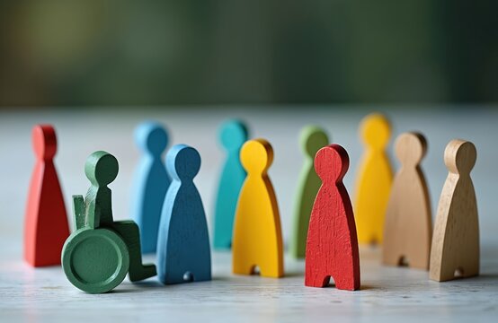 Wooden figures of different colors depict diversity and inclusion. Group includes person in wheelchair. Concept of equality support teamwork society. Social topics, human rights and business.