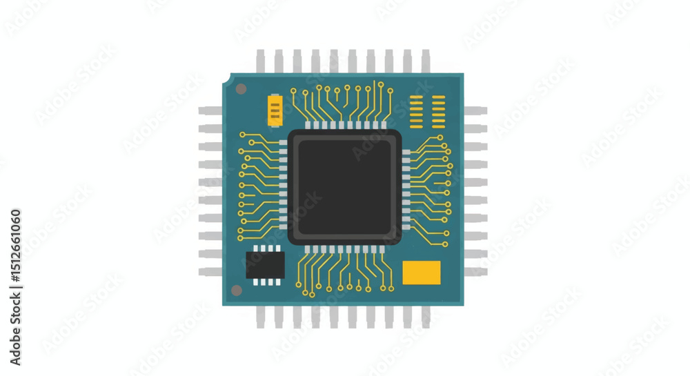 Poster microchip with circuit design in flat style and blue background