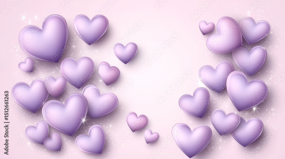 Poster large collection of purple hearts are scattered across a white background. the hearts are arranged i