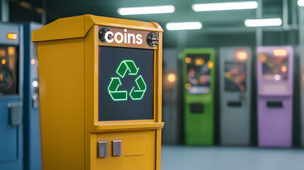 A yellow coin-operated recycling machine stands in focus, with more colorful machines blurred in the background.