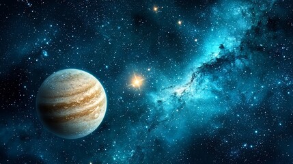 Large planet is in the middle of a starry sky. The sky is blue and filled with stars