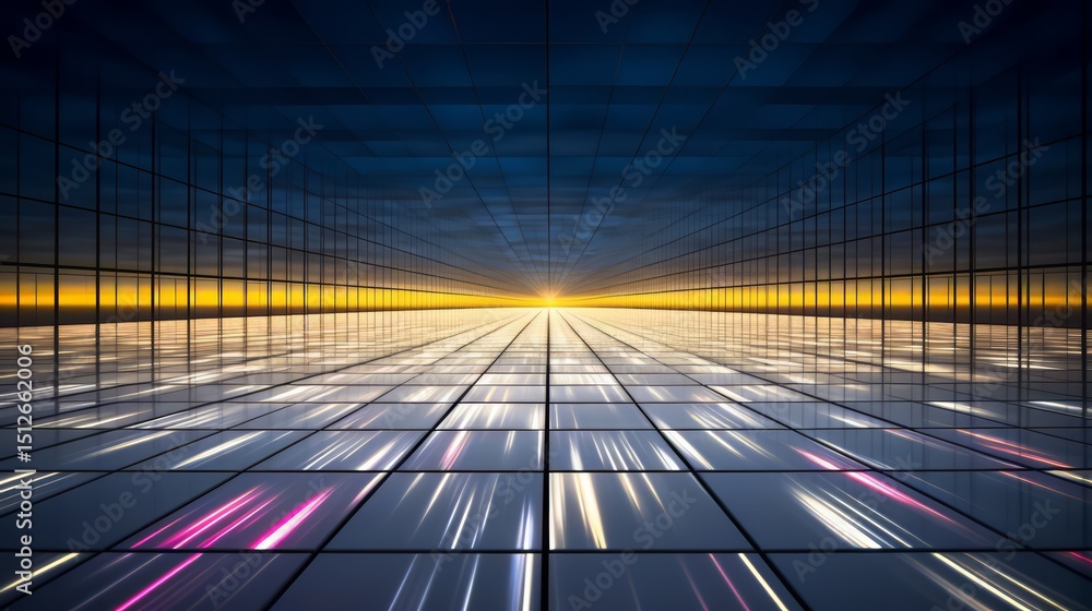 Aufkleber large room with a blue background and a yellow sun in the middle. the sun is reflected in the floor 