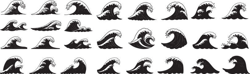 Vector waves collection black and white ocean sea wave illustration design graphic art drawing set of waves clipart