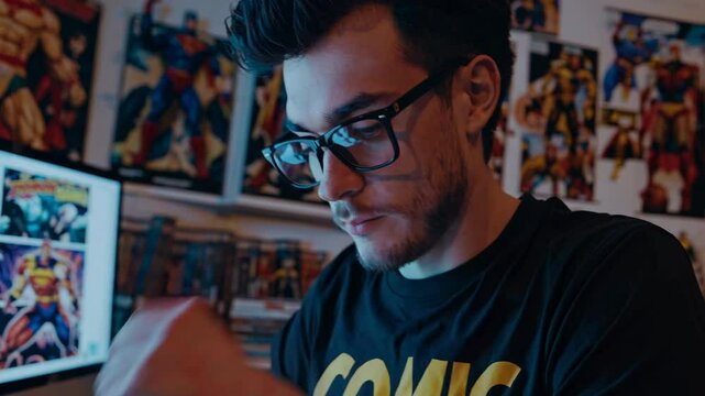 A man in glasses reads comics on a computer screen, surrounded by superhero posters. Side angle captures a cozy, focused video setup.