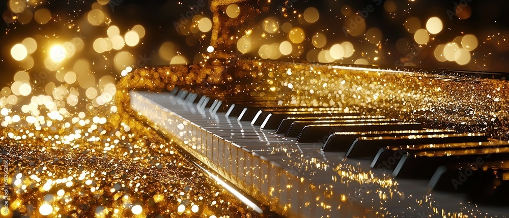 Poster gleaming piano keys with golden sparkle bokeh backdrop