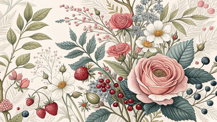 Floral arrangement with roses, daisies, strawberries, and berries on a light cream colored background created with generated ai