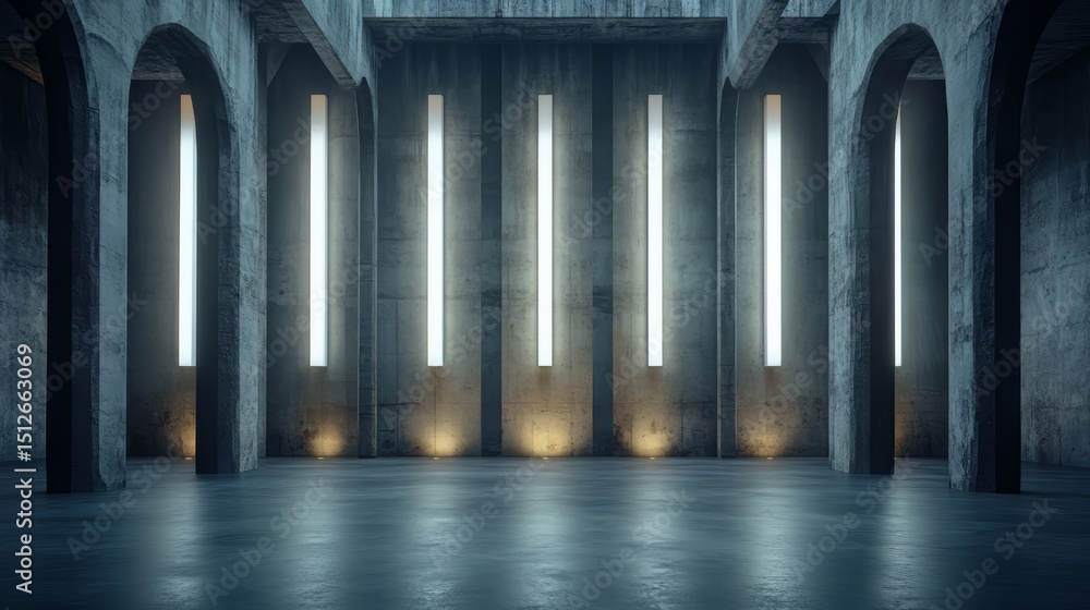 Poster large, empty room with a few lights on the walls. the room is very dark and empty, with only a few l