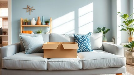 Moving day: an open box sits on a cozy sofa, ready to be filled with belongings and start a new chapter.