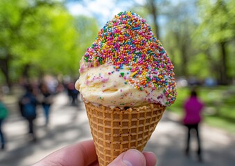 Sweet Indulgence: Close-up of a delightful ice cream cone, a symphony of creamy texture and vibrant sprinkles, offers a perfect summer treat, capturing joy and satisfaction.