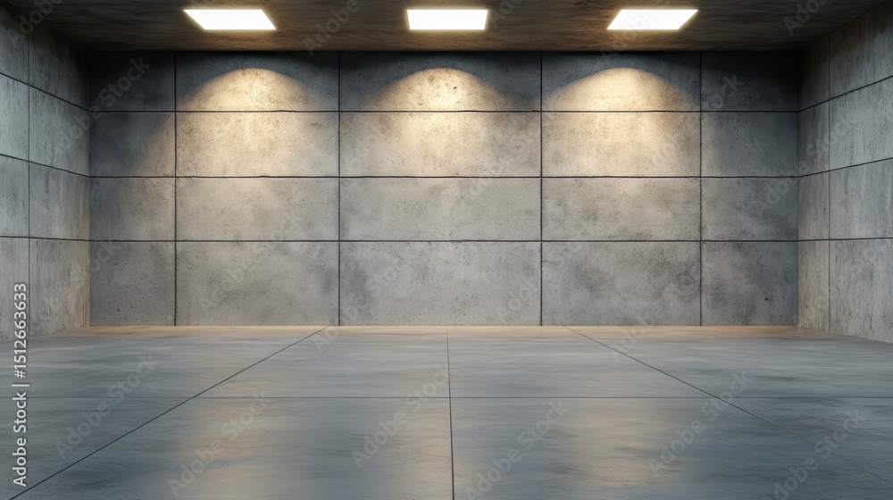 Poster large, empty room with three lights hanging from the ceiling. the room is bare and empty, with no fu