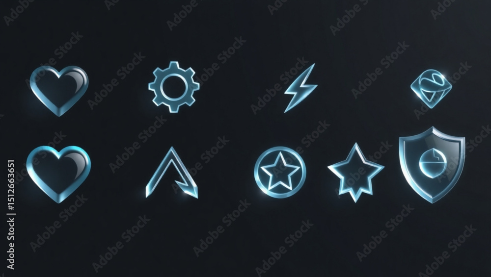Poster illustration of a collection of glossy icons including hearts gears lightning and stars on a dark ba