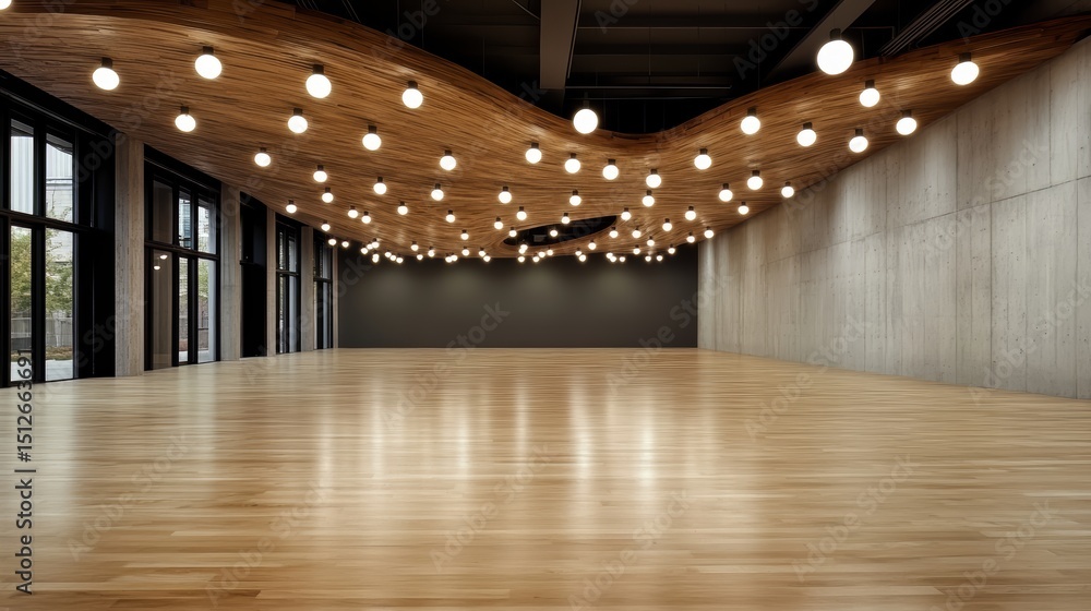 Aufkleber Large, empty room with wooden floors and a ceiling covered in lights. The room is empty and has a very modern and clean look