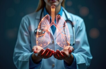 Female doctor holds holographic lungs. Futuristic health care tech concept. Virtual lungs model with medical network connection. Digital innovation in medicine. Modern healthcare future.
