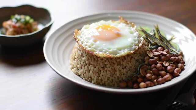 Close up of nasi lemak with fried egg peanuts and anchovies on a white plate food dish