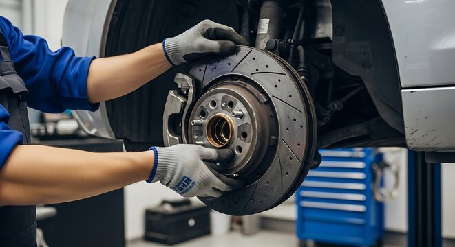 Mechanic Inspecting Car Brake System in Auto Repair Shop