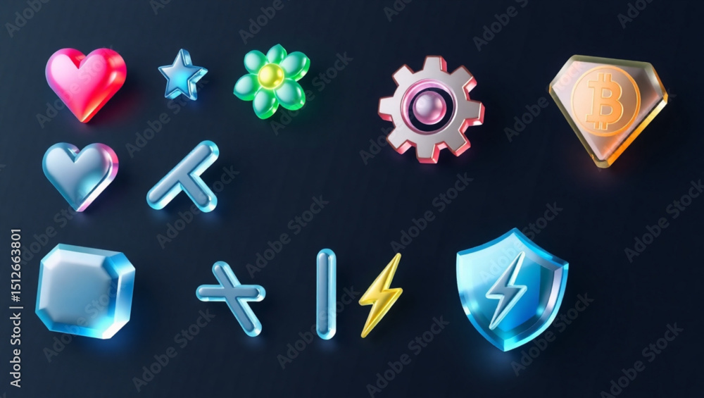Poster collection of glossy and colorful icons including heart star flower gear bitcoin and shield on dark 
