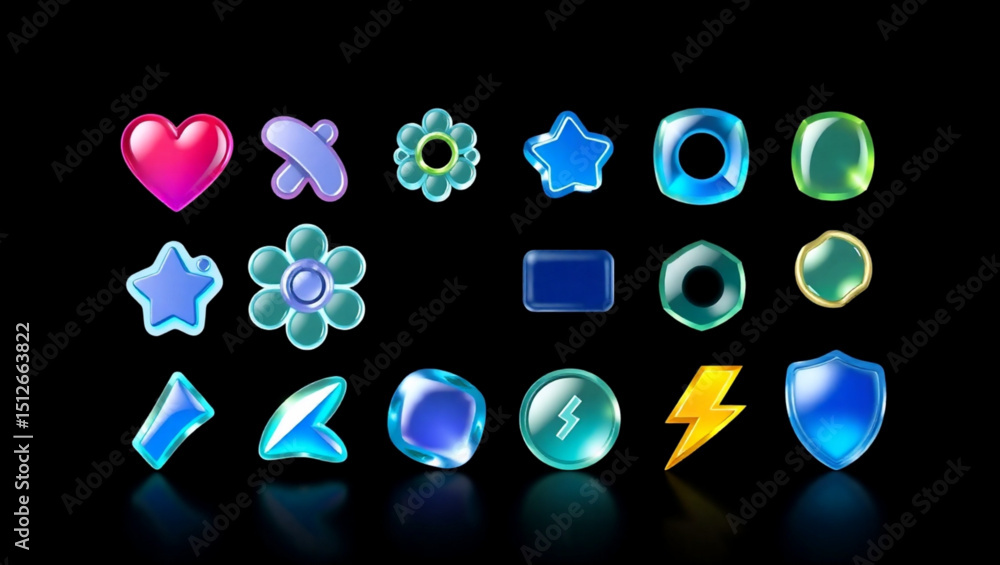 Poster illustration of a collection of glossy colorful game icons on a black background with reflections cr