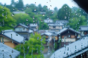 Rainy Day Village View: Rain drops cling to a windowpane, blurring the view of a quaint village nestled amongst lush green hills. The scene evokes a sense of peaceful contemplation. 