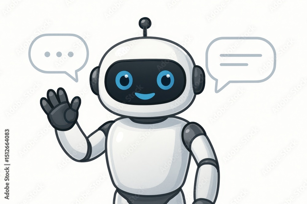 Aufkleber friendly cartoonish white robot character with expressive eyes engaging in a chat conversation with 