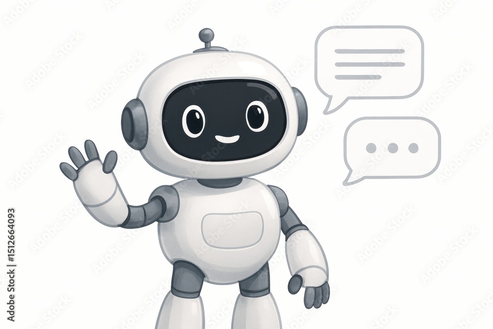 Aufkleber friendly cartoonish white robot character with expressive eyes engaging in a chat conversation with 