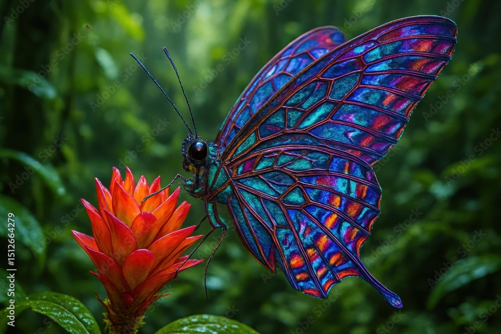 Poster hyper-realistic macro photograph of a fantastical butterfly with iridescent wings displaying intrica