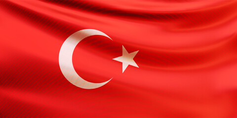 Red wavy national flag of the Republic of Turkey closeup with realistic fabric texture. Turkish patriotic background for celebrate Republic day and Victory day. 3d vector illustration
