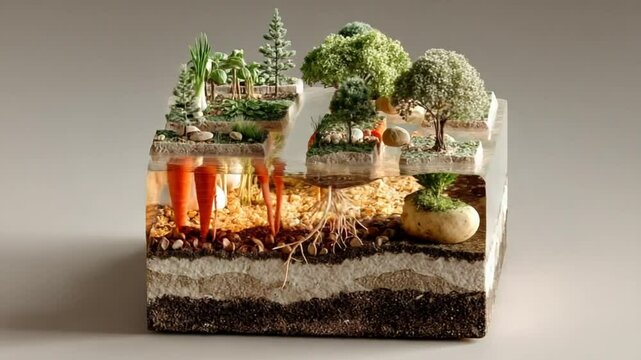 Detailed Soil Composition Video Showing Root Vegetables and Plant Growth Concept