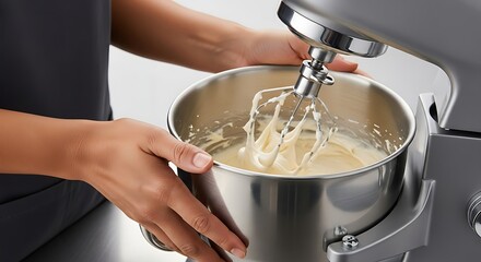 Mixing Batter with Electric Stand Mixer for Baking Preparation