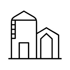 Simple line drawing of a grain silo and barn in minimalist style  