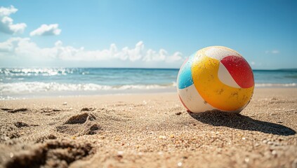 Obraz premium Beach Ball on Seashore: A colorful beach ball rests on a sandy shore, with the vast ocean and bright blue sky in the background, creating a vivid and relaxing summer scene.