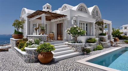 Greek island villa with stone walls and pool high resolution image